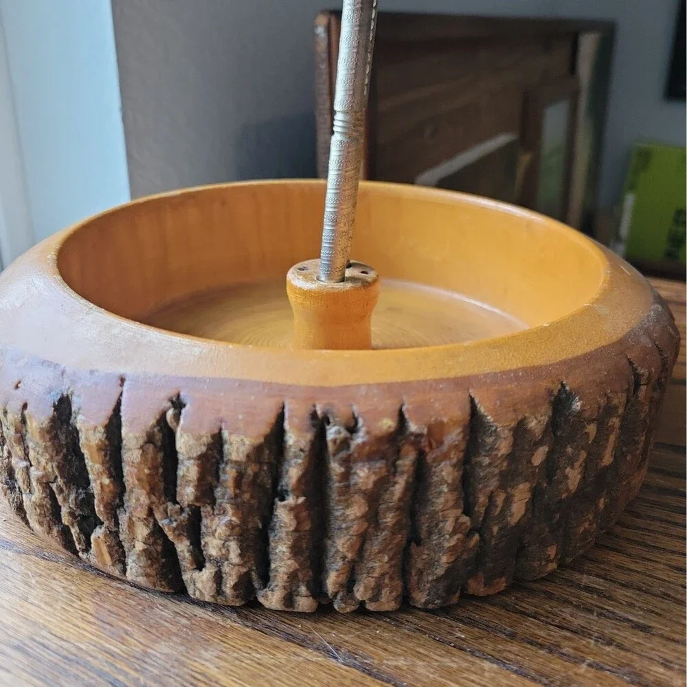 Vtg MCM Nut Bowl Rustic Edge Tree Bark Set with 1 Nutcracker 9